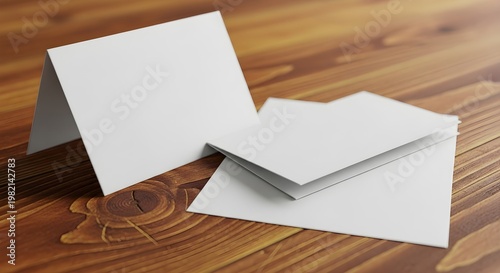 Blank white folded greeting cards and envelopes arranged on a rustic wooden table, mockup for stationery design or personal message