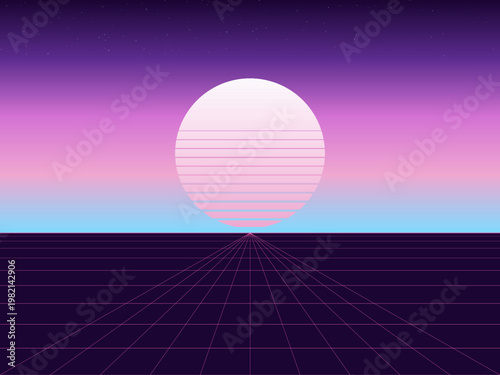Vintage 80s Sunset Gradient Sky Perspective Grid Template