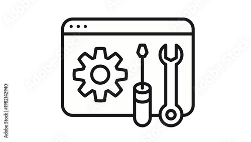 Black vector icon illustration of a web browser window with a gear, screwdriver, and wrench, representing website maintenance, technical support, web development, and system configuration.