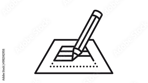 Minimalist black vector icon illustration of a pencil writing on a document or form, symbolizing editing, signing, or filling out paperwork, isolated on white for clean design projects.