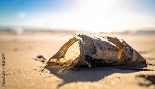 Weathered piece of sailcloth bearing salt stains and fraying edges on a sandy beach