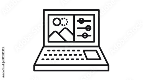 Laptop with photo editing software interface vector icon. Black line art illustration of a computer screen displaying image adjustment tools, sliders, and a landscape photo for retouching.