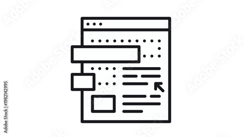 Minimalist black vector icon of a webpage layout featuring a browser window with text lines, image placeholders, and a cursor arrow, ideal for web design, UI development, and digital content.