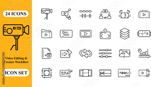 Video Editing and Creator Workflow Icon Set for Digital Content Production and Media Editing Tools.