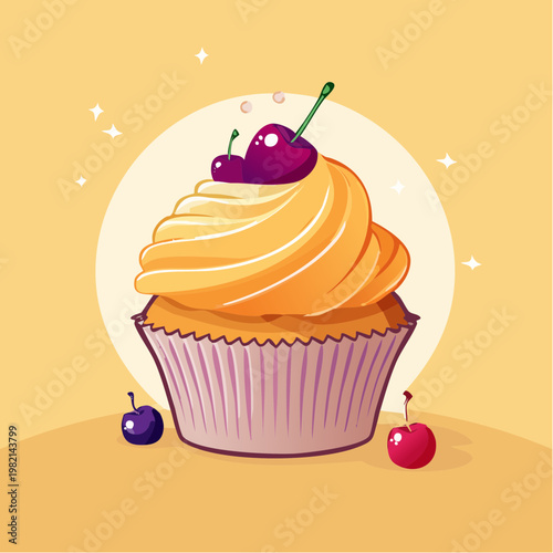 A cartoon cupcake with cherries on top.
