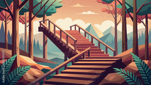 Wooden staircase hiking path in a pine forest landscape at sunset