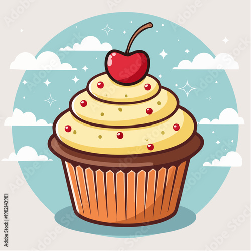 A cartoon cupcake with yellow frosting and a cherry on top.