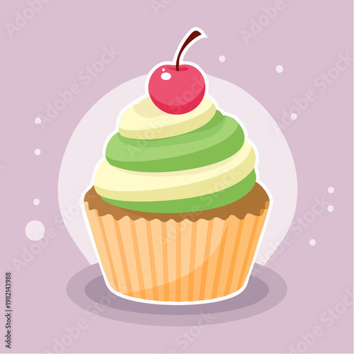 A cartoon green frosted cupcake with cherry.