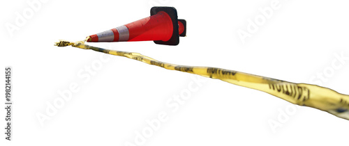 yellow caution tape with orange construction cones on there side isolated on transparent background 