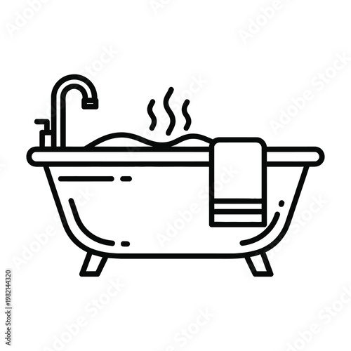 Bathtub with Hot Water Steam and Towel Line Icon for Bathroom Interior Design and Spa Concept