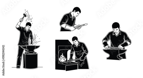 Blacksmith at work forging metal with hammer and anvil illustrations