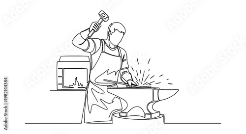 Blacksmith at work forging metal with hammer and anvil illustrations