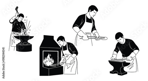 Blacksmith at work forging metal with hammer and anvil illustrations