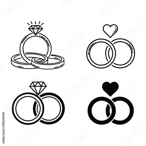 Wedding Ring Icons Set with Diamond and Heart Shapes for Marriage Ceremonies and Romantic Designs