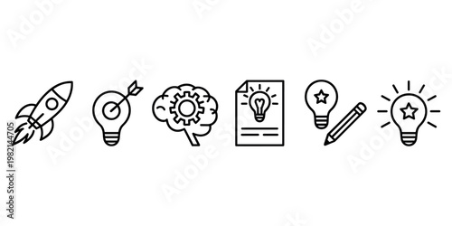 Rocket ship light bulb brain gear document pencil star light bulb launch idea target in white background