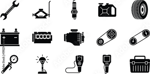 Collection of black and white icons representing various car repair and maintenance tools and parts