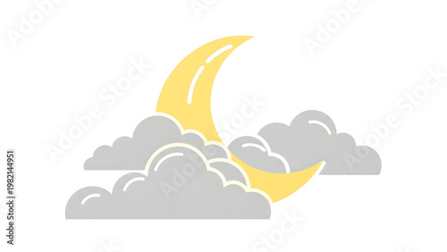 Crescent moon shining through gray clouds in the night sky