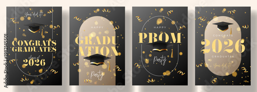 Collection of Posters for Graduation Ceremony. Vector flyers with realistic graduation caps, golden confetti and serpentine. Posters for graduation of college, school, university or degree ceremony.