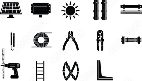 Comprehensive collection of black and white icons for solar power panel mounting and setup.