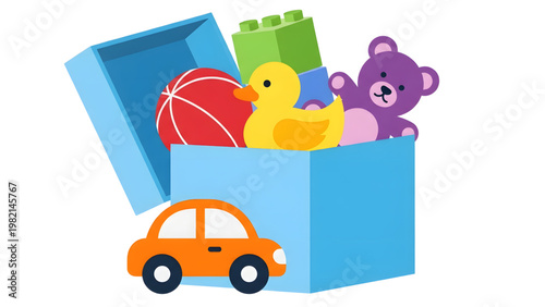 Colorful toys spilling out of a blue box