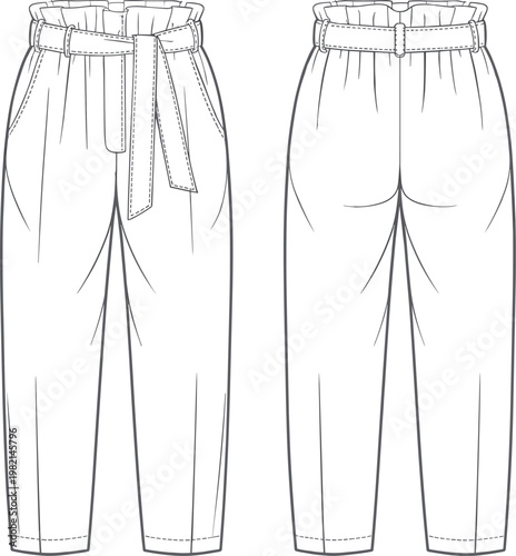 High waisted paperbag pants fashion flat vector front back view