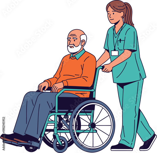 Elderly senior people with disabilities and a patient with a nurse receive professional medical healthcare assistance and home care while sitting in wheelchairs