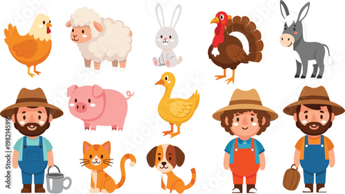 Cute farm animals and farmer characters vector set with chicken sheep pig duck and cowboy isolated on white