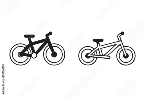 Bicycle line and solid icons showing mountain bike frame design for sports and hobby activities set