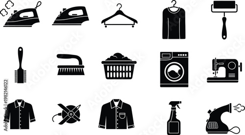 Set of laundry and dry cleaning icons including iron, washing machine, sewing machine, and hanger