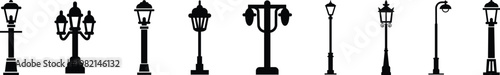 Street lamp lantern light icon set collection group in black flat style, vintage streetlight lamppost lighting symbol bundle, urban outdoor illumination graphic pack, classic city light design