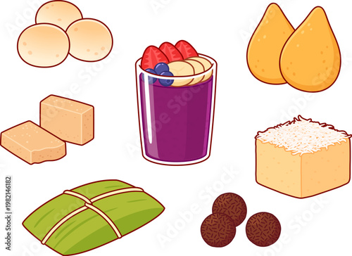 Traditional Brazilian snacks and street food drawing set. Acai bowl, pão de queijo, coxinha, pamonha. Cute cartoon vector illustration.