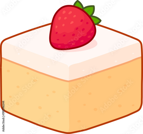 Tres leches cake piece illustration. Sponge cake with cream and strawberry. Cartoon vector clip art.