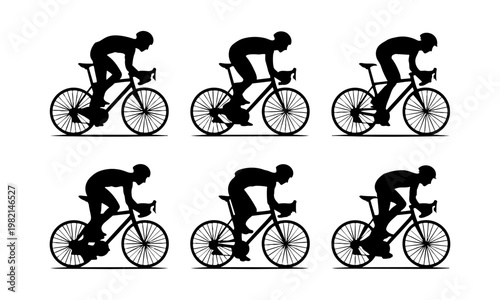 Cycling motion sequence with eight stages of a person riding a bicycle in a smooth pedaling action