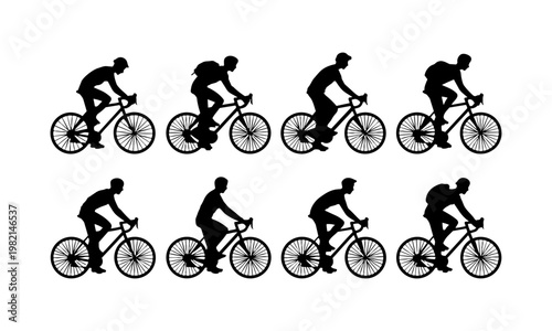 Cycling motion sequence with eight stages of a person riding a bicycle in a smooth pedaling action