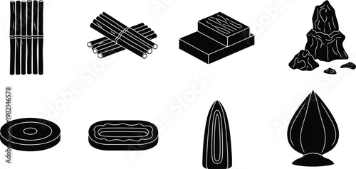 Collection of black and white icons illustrating sugar cane and various sugar products
