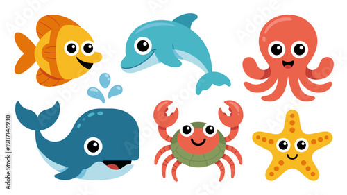 Cute Sea Animals Vector Set Cartoon Ocean Creatures Collection