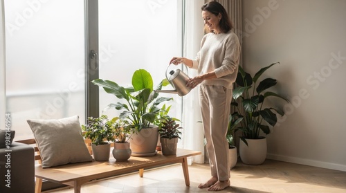 Woman watering indoor plants in bright modern living room at home