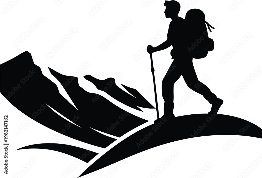 Fototapeta premium Silhouette hiker with backpack and trekking poles on mountain peak adventure travel concept vector illustration