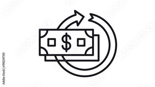 Obraz na plátně Dark stroke icon of a legal tender note with a revolving directional loop, signifying currency reimbursement, fiscal reversal, and commercial dividends