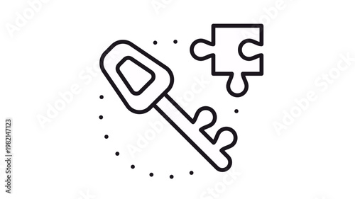 Photos Black line vector icon of a key and a puzzle piece representing a solution or problem solving