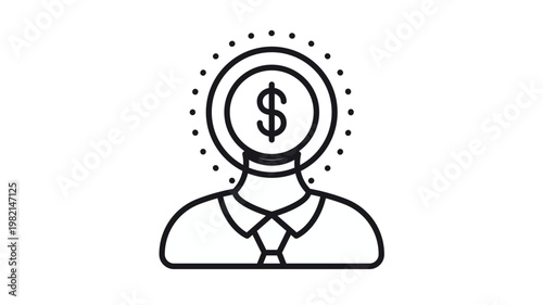 Minimalist vector icon illustration of a professional person with a solid black circular head and a dotted halo, symbolizing a genius, expert, visionary, or creative thought leader's profile