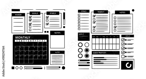 Corner Block Monthly Planner with Checklist Notes and Goals Tracker Black Silhouette Vector Illustration