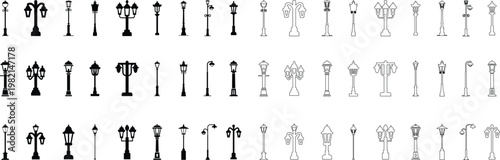 Street lamp lantern light icon set collection group in black flat and line style, vintage streetlight lamppost lighting symbol bundle, urban outdoor illumination graphic pack, classic city light desig