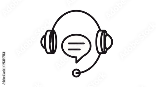 Customer service support vector icon illustration featuring a black minimalist headset with a microphone and a speech bubble symbol for communication, help desk, and call center concepts.