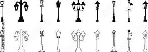 Street lamp lantern light icon set collection group in black flat and line style, vintage streetlight lamppost lighting symbol bundle, urban outdoor illumination graphic pack, classic city light desig