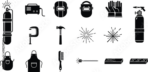 Collection of black and white icons representing welding equipment and safety gear