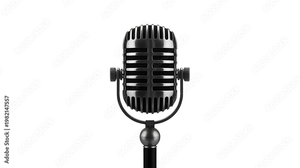 Fototapeta premium Vintage microphone, black metal grill, classic recording equipment, podcasting tool, studio hardware