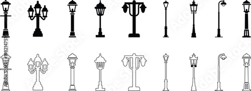 Street lamp lantern light icon set collection group in black flat and line style, vintage streetlight lamppost lighting symbol bundle, urban outdoor illumination graphic pack, classic city light desig