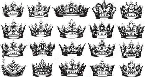 Collection of royal crowns in various ornate designs and styles for decoration  royalty