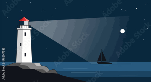 Night Lighthouse Beacon Shining Over Quiet Ocean.